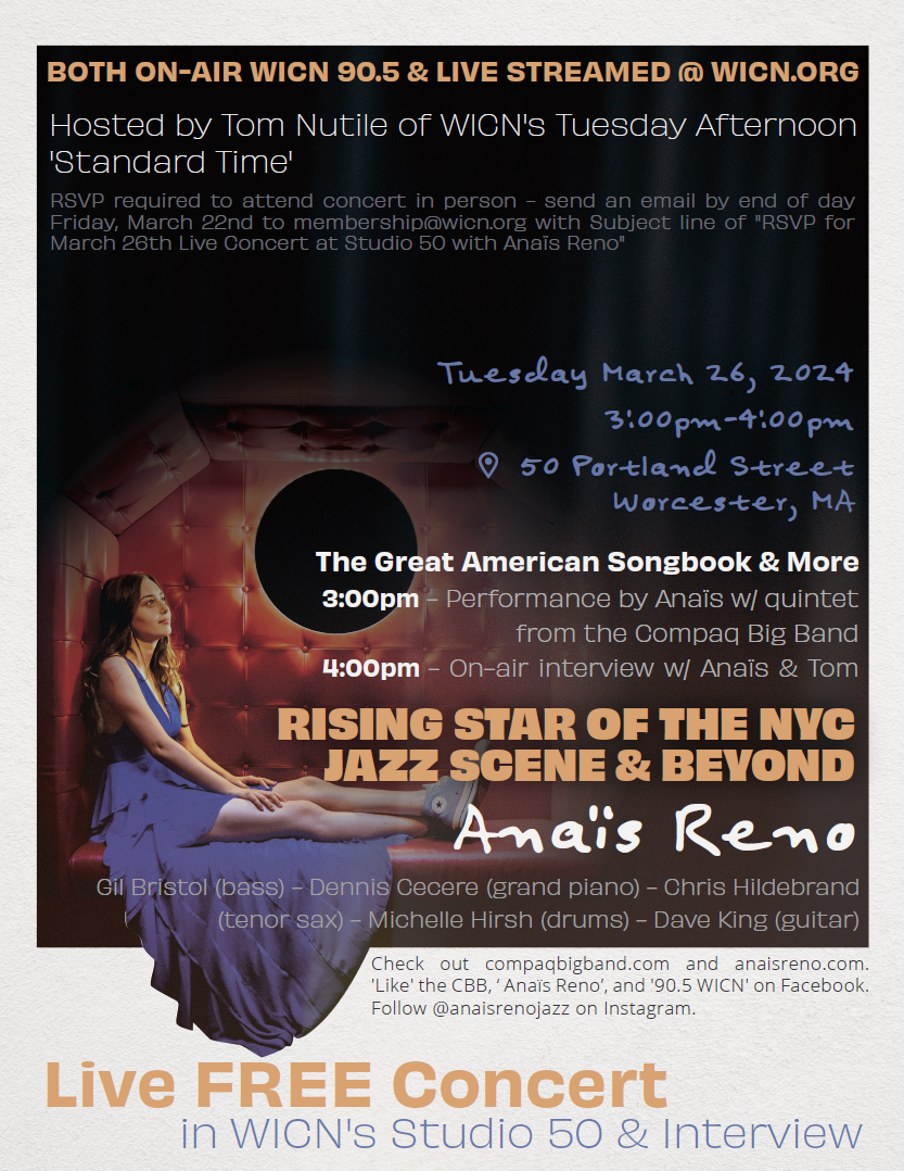 Vocalist Anaïs Reno with Compaq Big Band quintet on WICN 90.5 FM poster